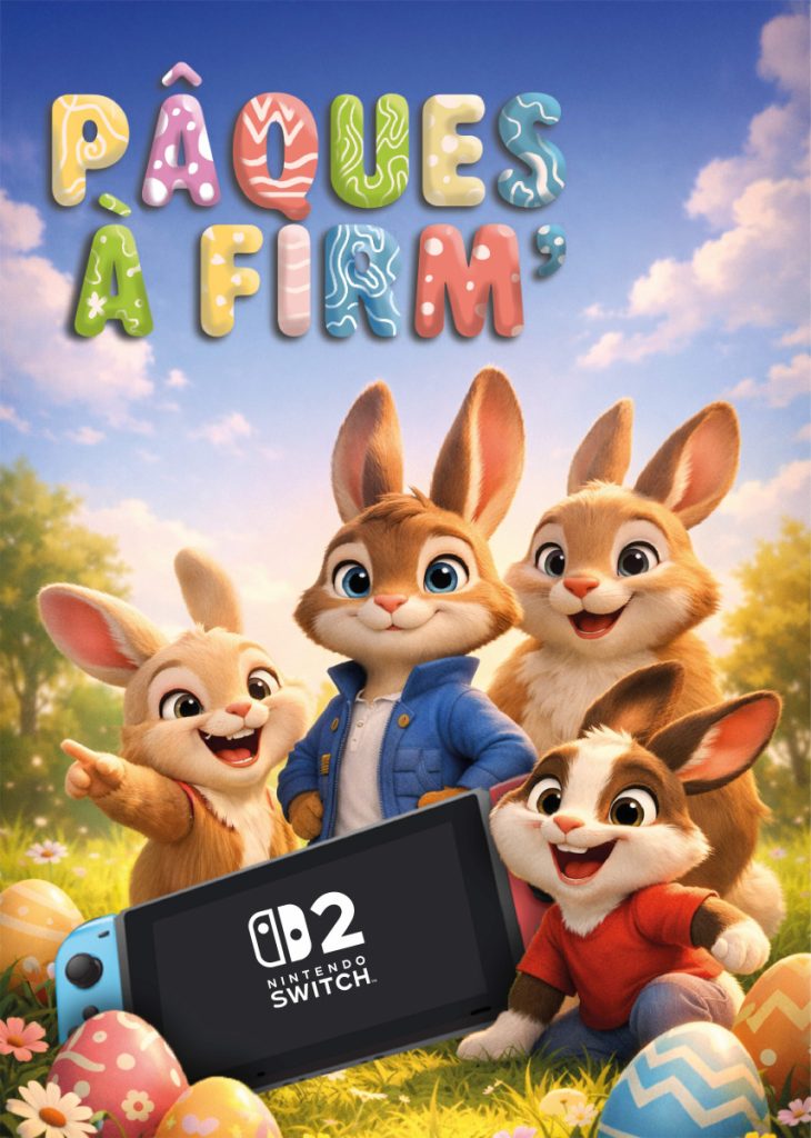 Affiche colorée intitulée « Pâques à Firm' ». Au centre, quatre lapins animés en 3D souriants posent dans un décor printanier ensoleillé. Le lapin principal, au centre, porte une veste bleue et tient une Nintendo Switch 2. Les autres lapins, de tailles variées, l'entourent joyeusement. Au sol, des œufs de Pâques décorés aux couleurs pastel sont éparpillés dans l'herbe fleurie. Le titre est écrit en lettres décorées multicolores imitant des œufs de Pâques, sur un fond de ciel bleu avec des nuages.
