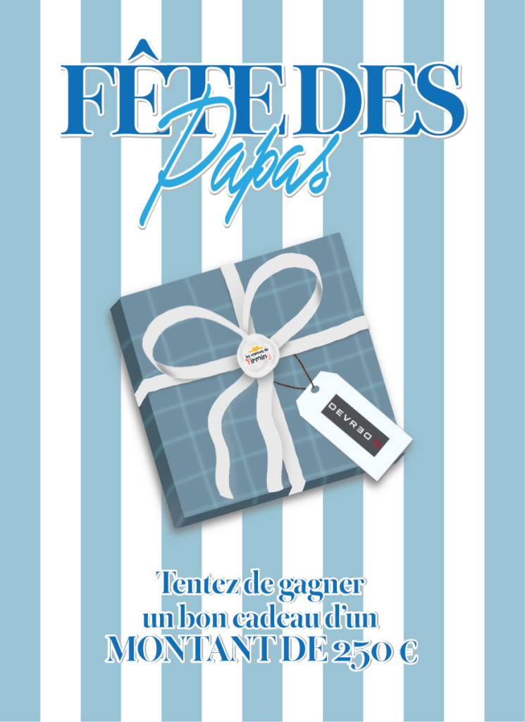 Affiche de la Fête des Pères des Vitrines de Firminy avec fond à rayures bleues, illustration d’un coffret cadeau bleu avec ruban blanc et étiquette Devred, accompagnée du message « Tentez de gagner un bon cadeau d’un montant de 250 € »